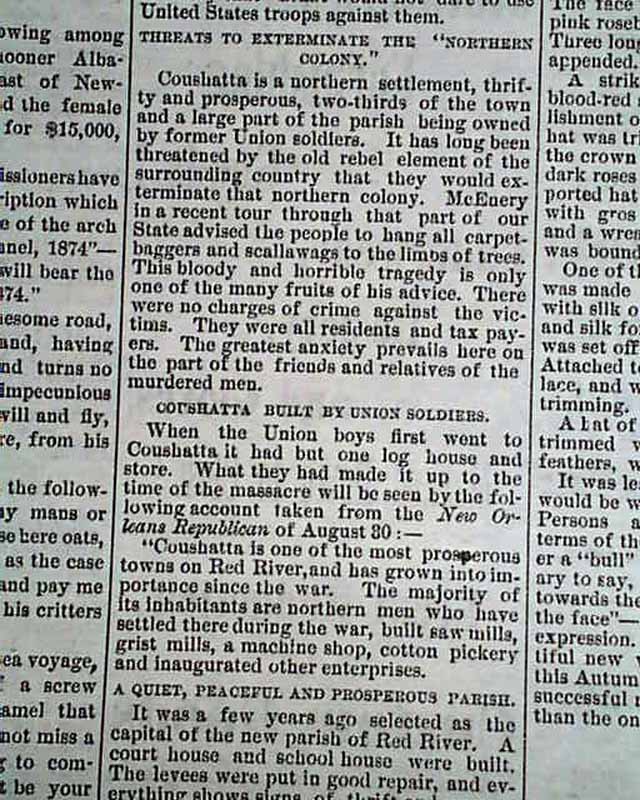 COUSHATTA MASSACRE Red River Parish LA Louisiana WHITE LEAGUE 1874 Old