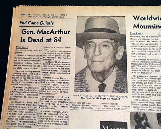 GENERAL DOUGLAS MACARTHUR Death 1964 Newspaper w/ PHOTO  