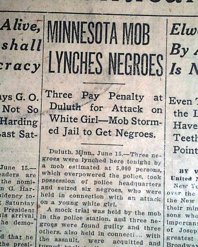 DULUTH MN Minnesota Circus Workers NEGORES Lynchings Hangings 1920 Old