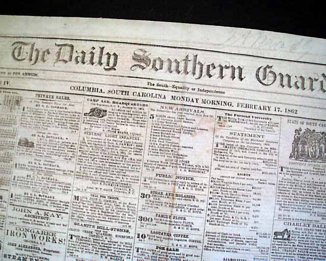 COLUMBIA SC South Carolina Very Rare CONFEDERATE South 1862 Civil War