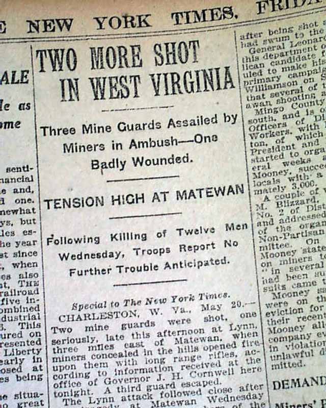 1920 Old Newspaper BATTLE OF MATEWAN Mingo County WV Coal Miners Sid