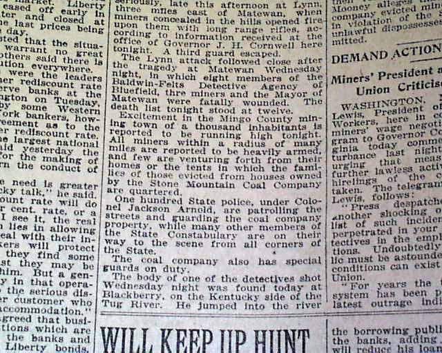 1920 Old Newspaper BATTLE OF MATEWAN Mingo County WV Coal Miners Sid