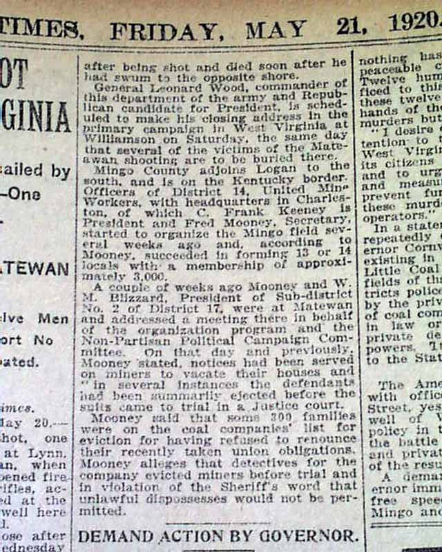 1920 Old Newspaper BATTLE OF MATEWAN Mingo County WV Coal Miners Sid