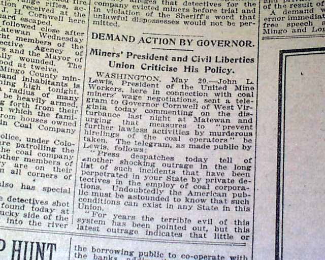 1920 Old Newspaper BATTLE OF MATEWAN Mingo County WV Coal Miners Sid