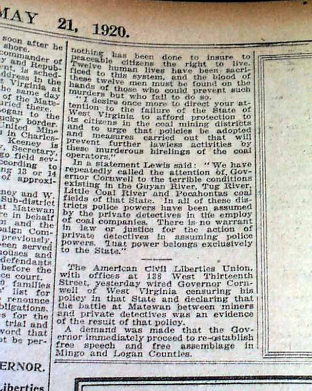 1920 Old Newspaper BATTLE OF MATEWAN Mingo County WV Coal Miners Sid