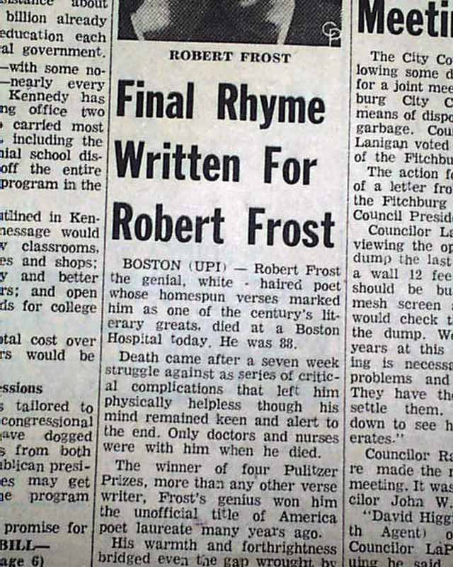 ROBERT FROST DEATH American Poetry Poems 1963 Newspaper  