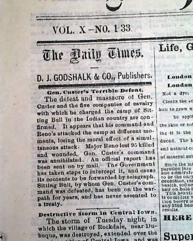 CUSTER'S MASSACRE Little Big Horn Lakota 1876 Newspaper