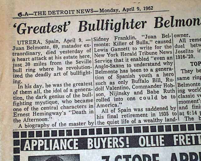 JUAN BELMONTE Matador Bullfighting suicide DEATH 1962 Newspaper  