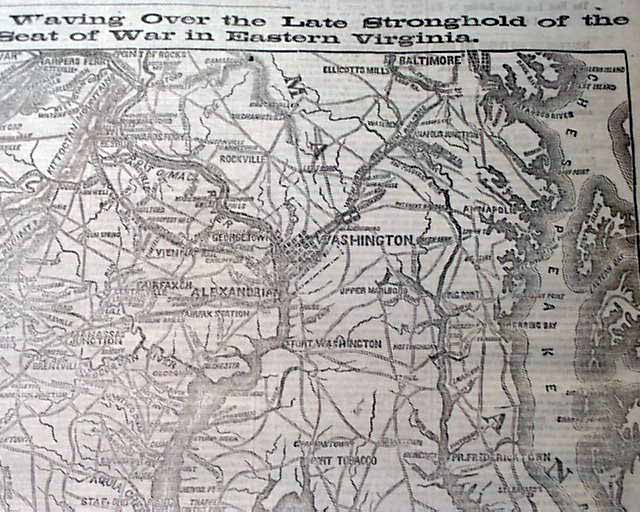 Rare FULL PAGE Civil War MAP & Monitor vs. Merrimack Ironclads 1862