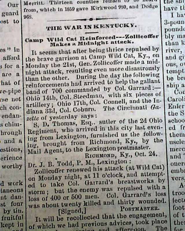 Rare DAVENPORT Civil War Battle of Camp Wildcat & Fredericktown 1861