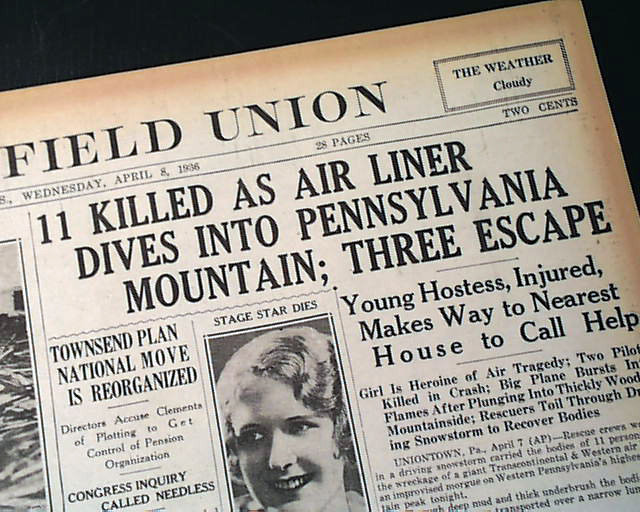 1936 UNIONTOWN PA Airplane TWA Crash Disaster Newspaper