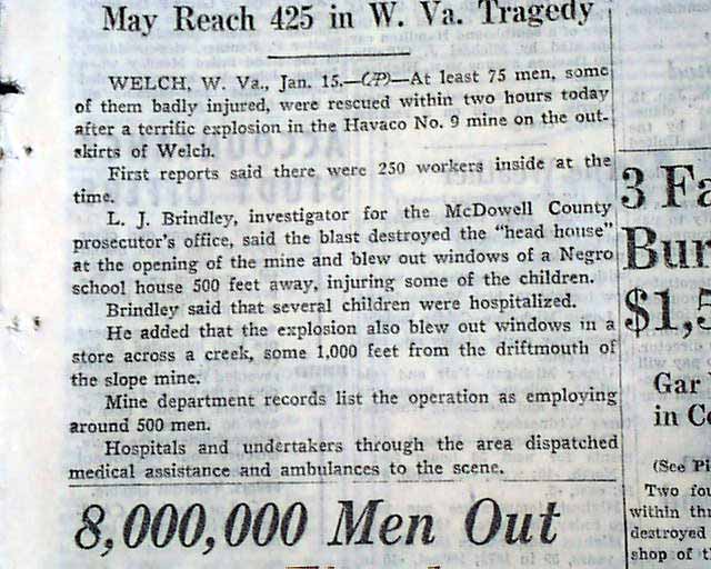 WELCH WV McDowell Co. West Virginia Coal Mine EXPLOSION Disaster 1946