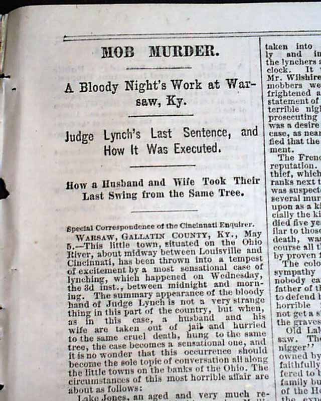 WARSAW KY Gallatin County Kentucky LYNCHINGS Lynched Hanging 1876 Old