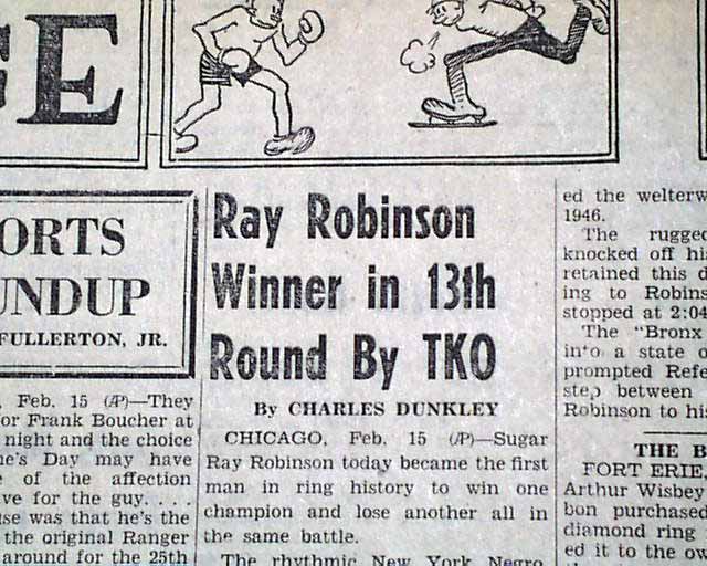 Sugar Ray Robinson Jake LaMotta Boxing 1951 Newspaper 6th of 6 Fights