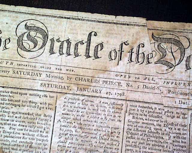Rare 18th Century PORTSMOUTH NH New Hampshire 1798 Newspaper w