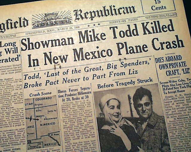 MIKE TODD Airplane Crash Death Liz Taylor1958 Newspaper  