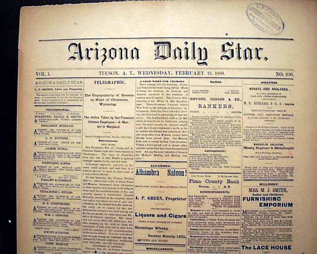 Very Rare TUCSON AZ Pima County Old West Arizona Territory 1880 Old