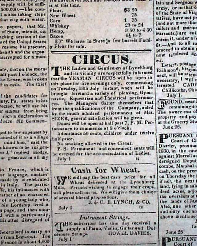 1830 Old Antebellum Newspaper Lynchburg Va Virgina Pre Civil War W