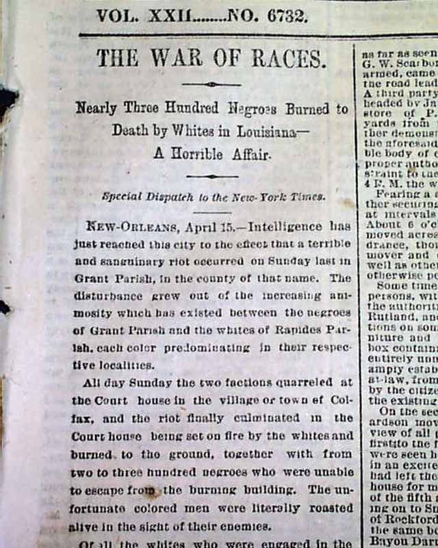 1873 Newspaper COLFAX MASSACRE Riots Grant Parish Louisiana LA NEGROES Murdered eBay