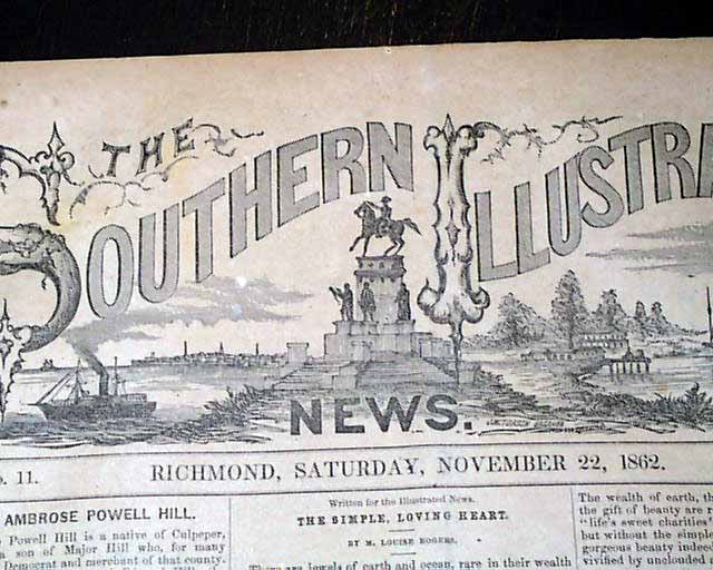   CONFEDERATE Illustrated Civil War A. P. HILL Print 1862 Old Newspaper