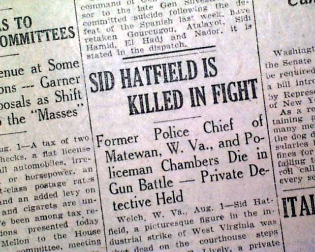 1921 Newspaper SID HATFIELD Battle of Matewan Police Chief Fame