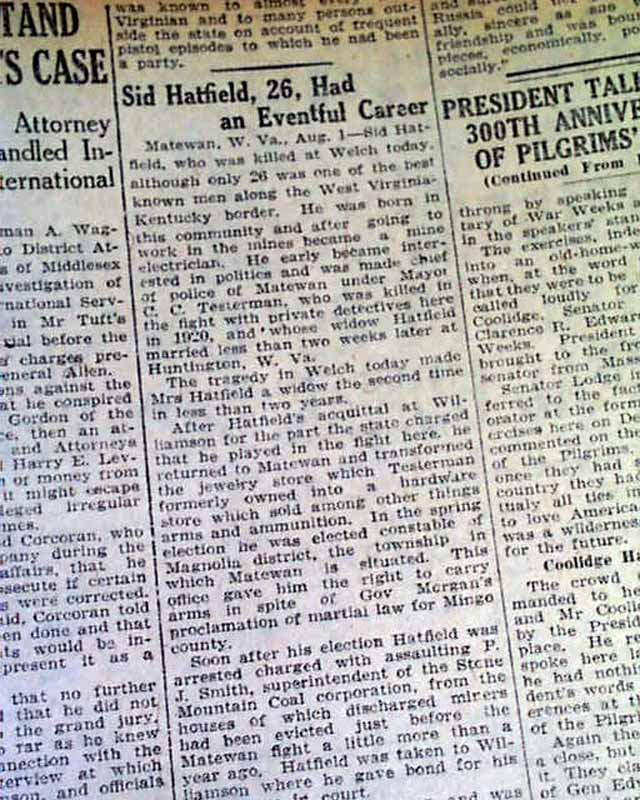 1921 Newspaper SID HATFIELD Battle of Matewan Police Chief Fame