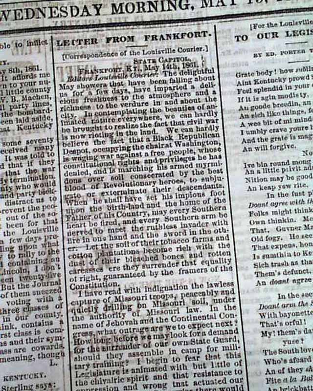 Rare PRO CONFEDERATE Louisville KY Kentucky 1861 Newspaper eBay
