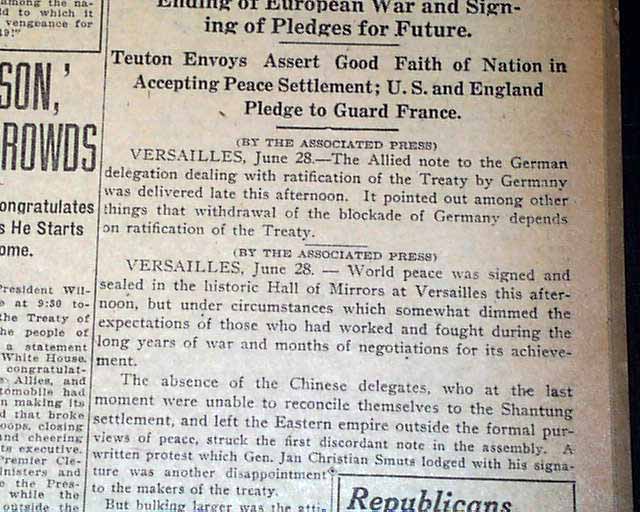 WORLD WAR I Treaty of Versailles WWI ENDS1919 Newspaper eBay