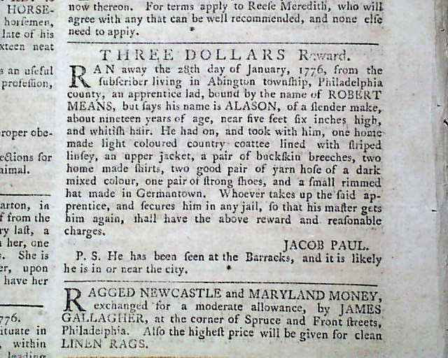 A Philadelphia newspaper dated 1776...