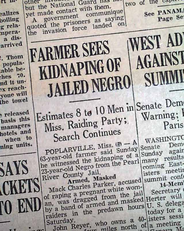 POPLARVILLE MS Negro Lynching Mack Parker1959 Newspaper eBay
