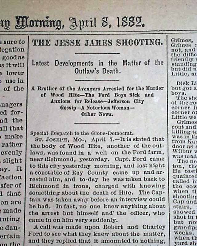 Outlaw JESSE JAMES Robert Ford ASSASSINATION & Wood Hite 1882 Missouri