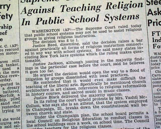 Public SCHOOL PRAYER Banned Supreme Court Ruling Church & State 1948 ...