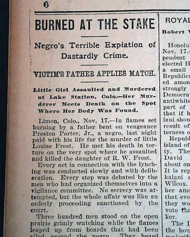 NEGRO LYNCHING John Porter Jr. LIMON Colorado Burned Alive RAPE 1900