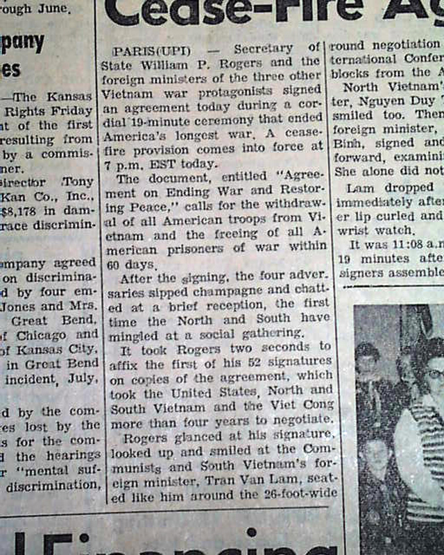 Paris Peace Accords Signing Vietnam War 1973 Newspaper