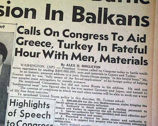President Harry TRUMAN DOCTRINE Greece & Turkey Aid Communism 1947