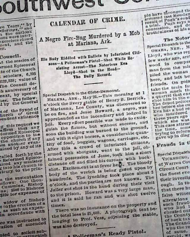 MARIANNA Lee County ARKANSAS Arsonist NEGRO Lynching Mob Shooting 1883