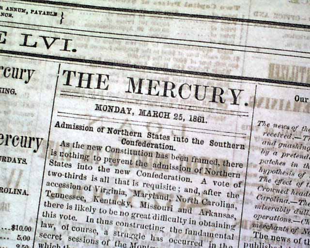 Rare CONFEDERATE Charleston Mercury SC Civil War JEFFERSON DAVIS 1861 Newspaper eBay