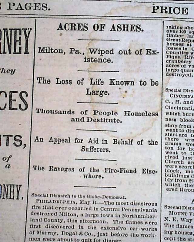 The Great MILTON PA Northumberland Co. Pennsylvania FIRE Disaster 1880