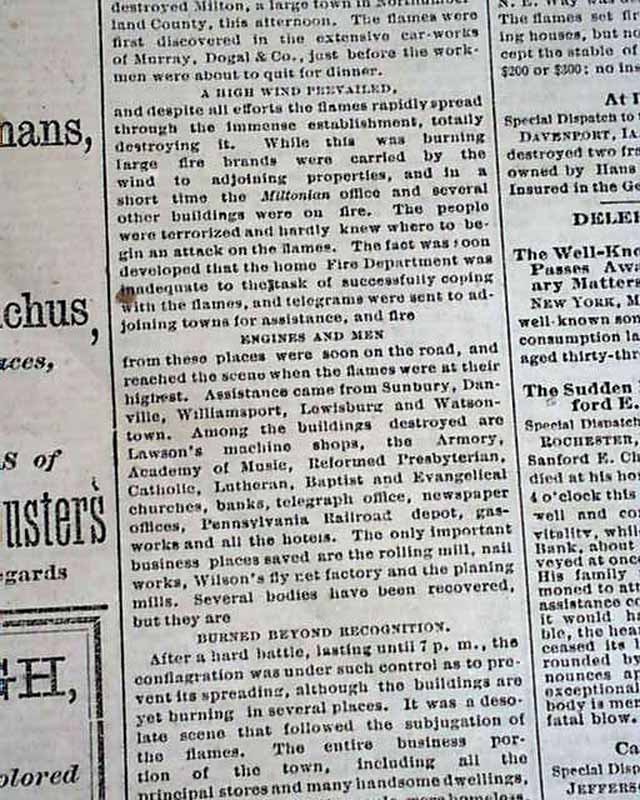 The Great MILTON PA Northumberland Co. Pennsylvania FIRE Disaster 1880